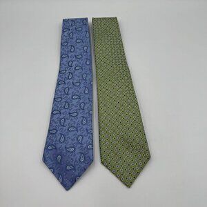Jones New York 100% Silk Two Tie Bundle Blue Paisley & Green Geometric Design